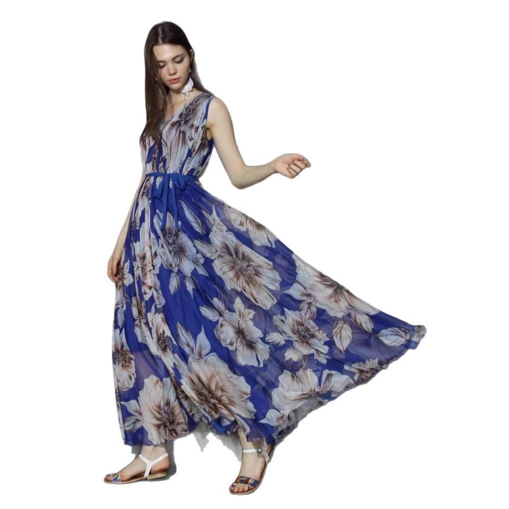 Spring Chiffon Printed Long Maxi Dress, European American Style Beach Holiday Casual Dress for Women