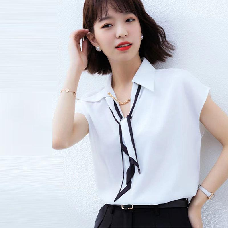 Mall 1116 Women's Summer New Occupation with Ribbon Decorative Chain Short Sleeve Shirt 1111119