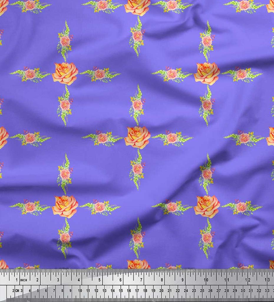 Soimoi Purple Japan Crepe Satin Fabric Grandiflora Rose & Camellias Floral Print Fabric by Metre 42 Inch