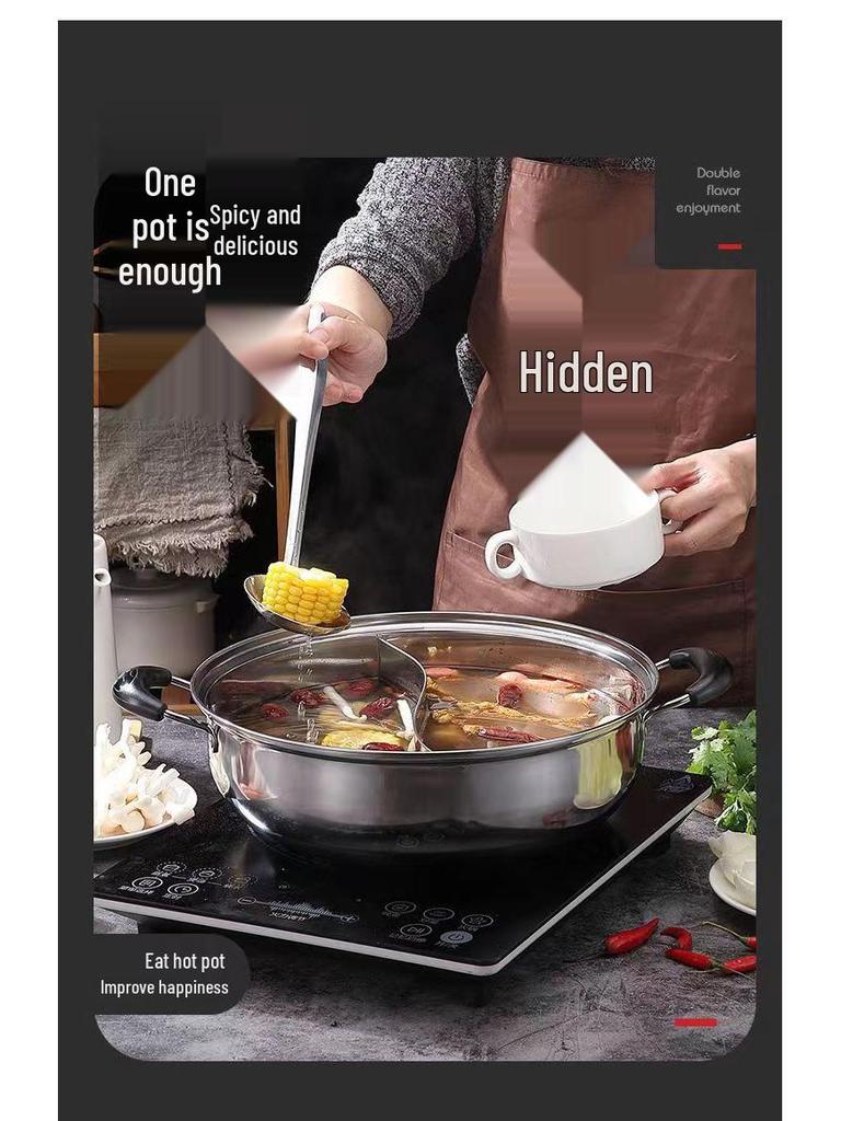 Yin-Yang Verdickter Edelstahl Hot Pot mit Deckel - Klare Suppe Shabu-Shabu Flachboden-Design, Kompatibel mit Gewerbeinduktionskochfeldern