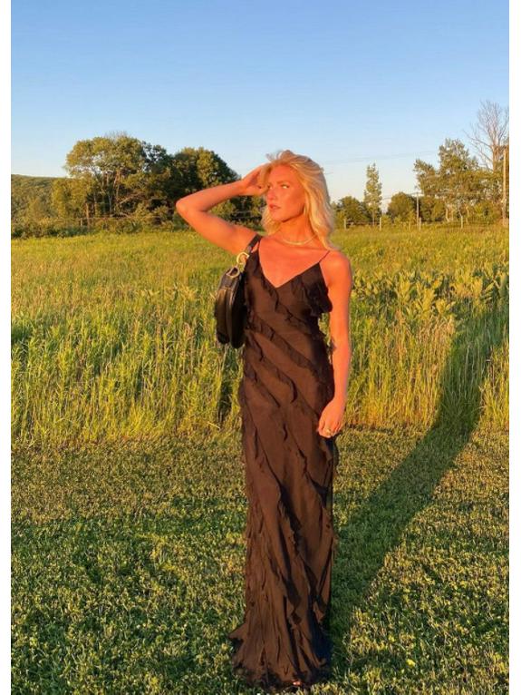 2023 Spring/Summer Backless Spaghetti Strap U-Neck Off-Shoulder Wavy Bodycon Side Slit Maxi Dress