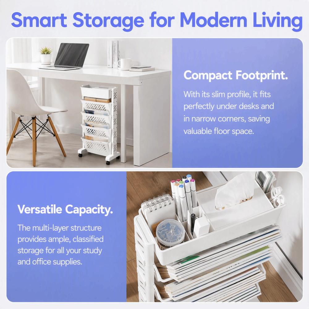 Plastic Mobile Bookcase Removable Storage Cart Durable Rolling Bookshelf Space Saving