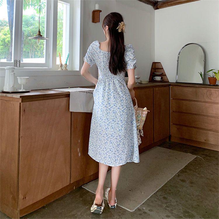 Women's Summer 2026 Floral Midi Dress - Square Neck, Puff Sleeves & Irregular Slit Design