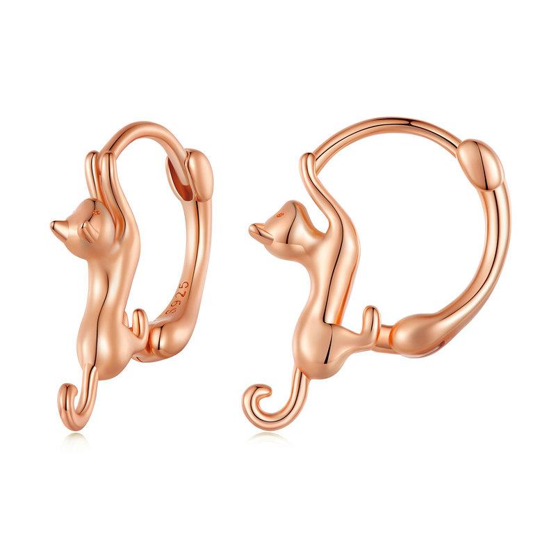 WOSTU Skutečné 925 mincovní stříbro černé roztomilé kočičí náušnice pro ženy Jemný šperk Dárek na večírek Rose Gold Animal Hoop Aretes