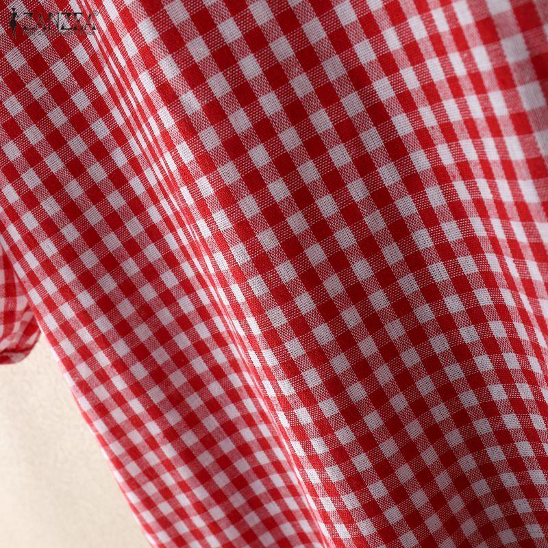 ZANZEA Women Casual Stand Collar Short Sleeve Loose Grid Print Dress