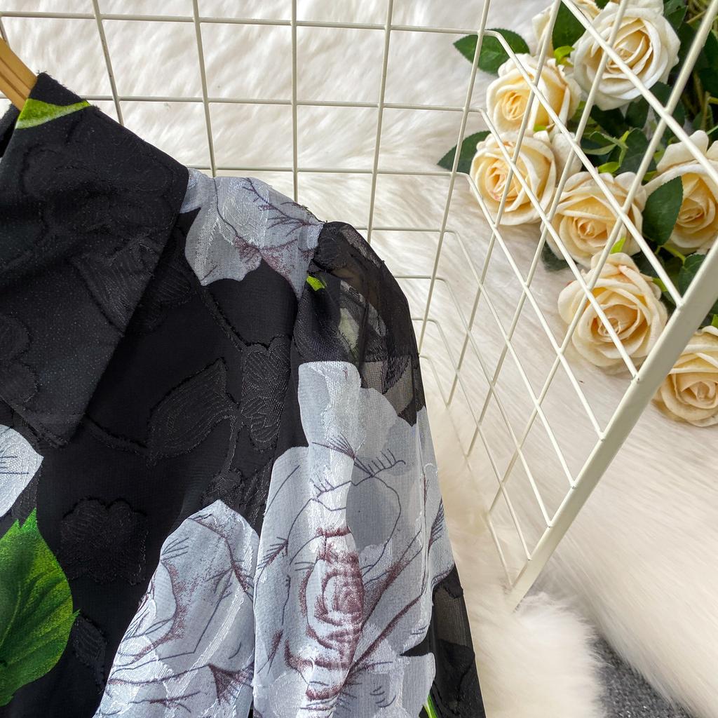 Francuski Styl Wakacyjny Super Wróżkowy Nadruk Klapa Długi Rękaw Sukienka Damska Wiosna Jesień Jednorzędowa Talia Rozkloszowana Elegancka