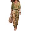 Conjunto de top casual feminino transfronteiriço europeu e americano para comércio exterior, em cetim, com decote V, mangas de três quartos estampadas, e calças de cintura alta de perna larga