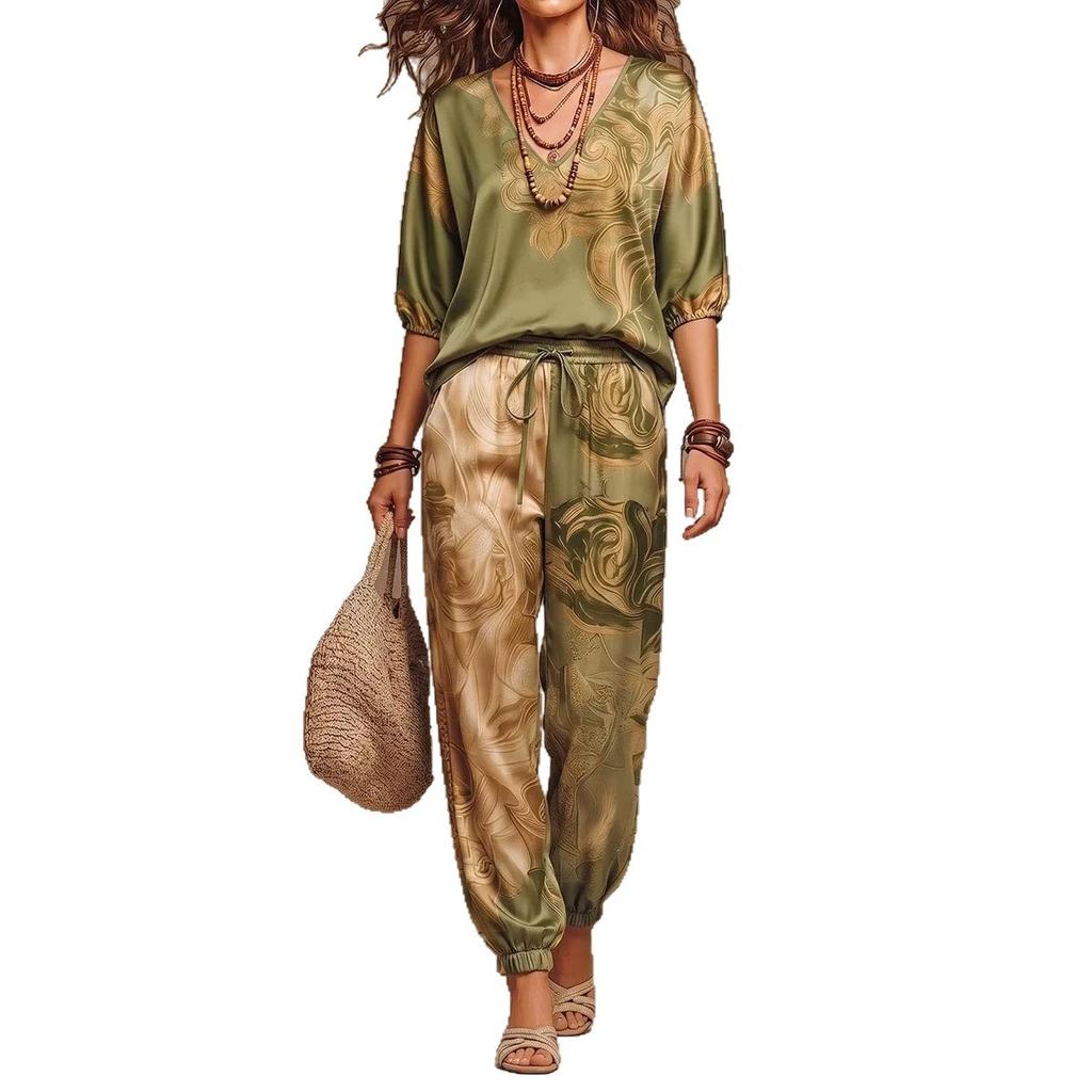 Conjunto de top casual feminino transfronteiriço europeu e americano para comércio exterior, em cetim, com decote V, mangas de três quartos estampadas, e calças de cintura alta de perna larga