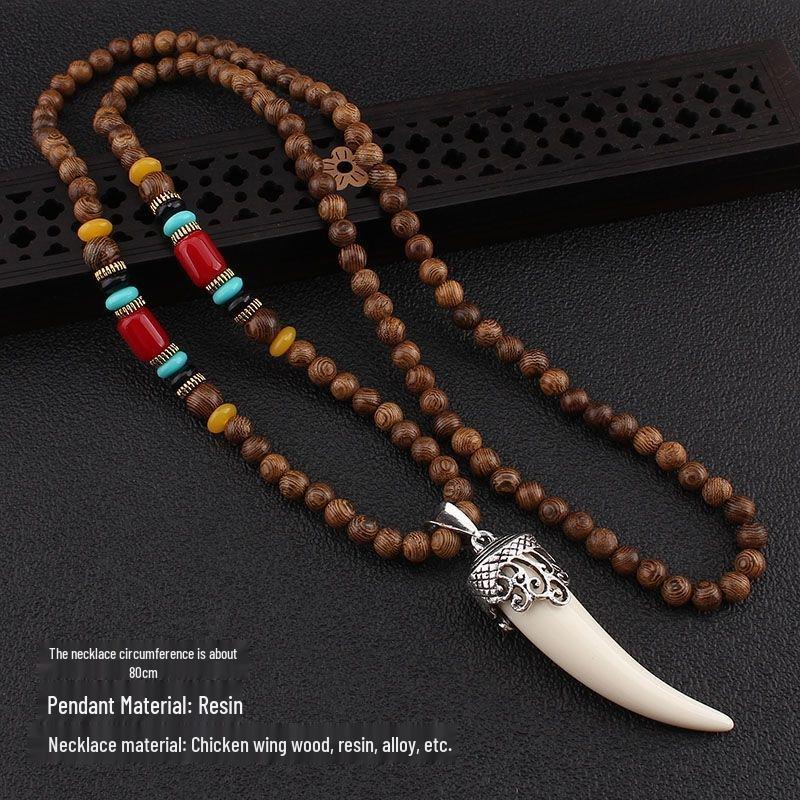 Unisex Retro Ethnic Wooden Necklace Pendant - Versatile Long Sweater Chain and Clothing Accessory