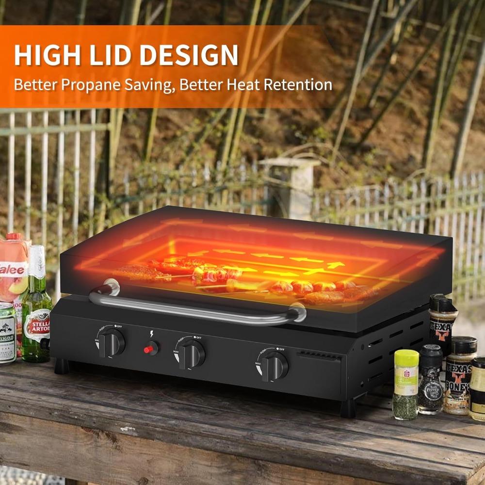 3 Burner Gas Griddle with Hood- 23.3 Inch Outdoor Propane Griddle-45000 BTU Propane Fuelled, Portable Flat Top Gas Grill