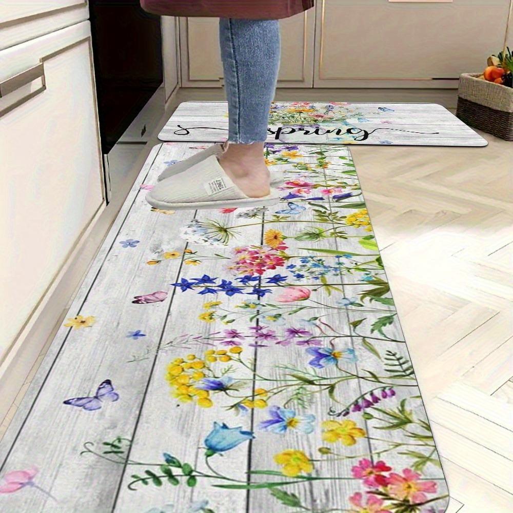 1PC Yellow Floral Pattern Kitchen Rug Non-Slip Door Mat Pop Design Bathroom Rug Bath Mat Carpet for Home Sink Laundry Decor