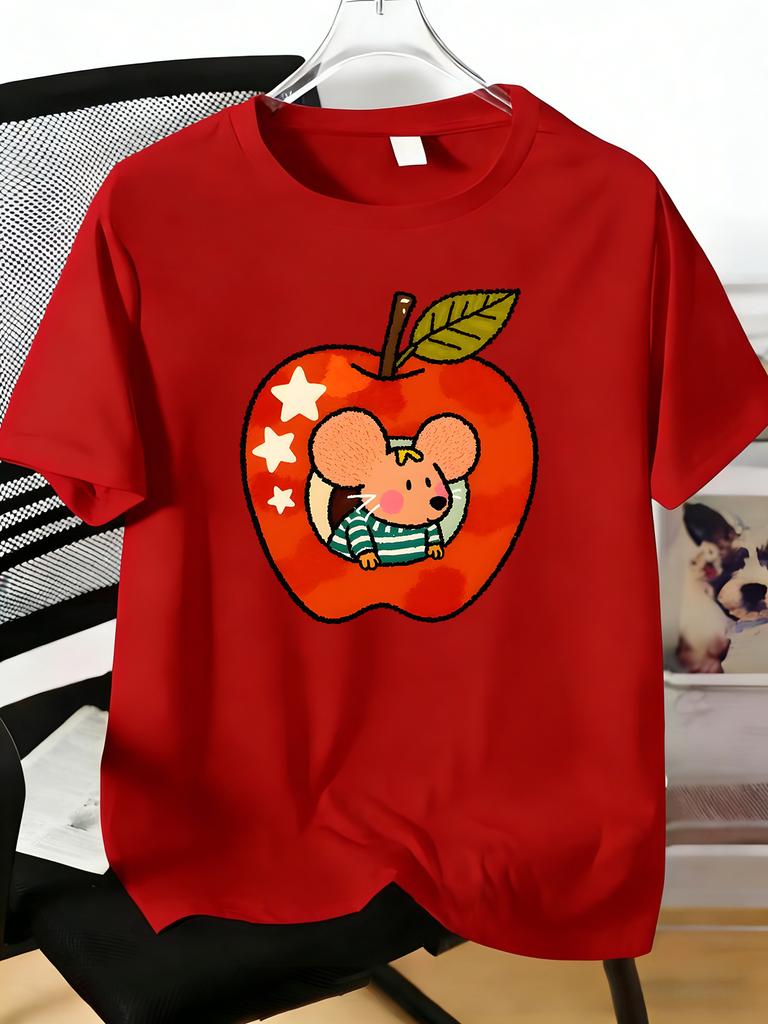 Unisexs Tee Cartoon Mouse In Red Apple Star Cute Print Cotton Short Sleeve Male Casual Streetwear Outdoor Daily Basic Fashion Top