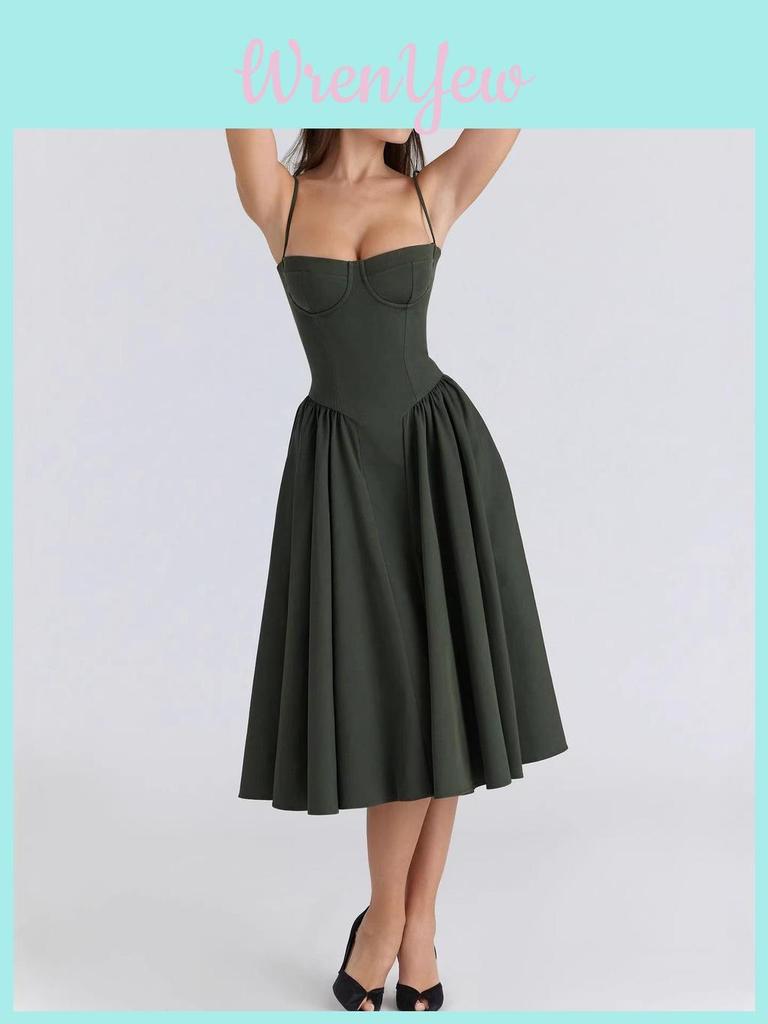 Elegant Strap Midi Dress With High Waist And Button Zipper For Teen Casual Wear