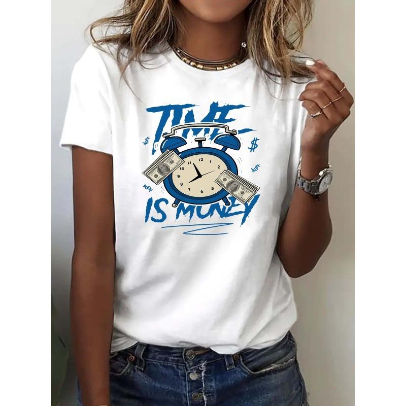 

Women Time Is Money Dollar Sign Clock Graphic Tee Crew Neck Short Sleeve Casual Office All Season Top S белый