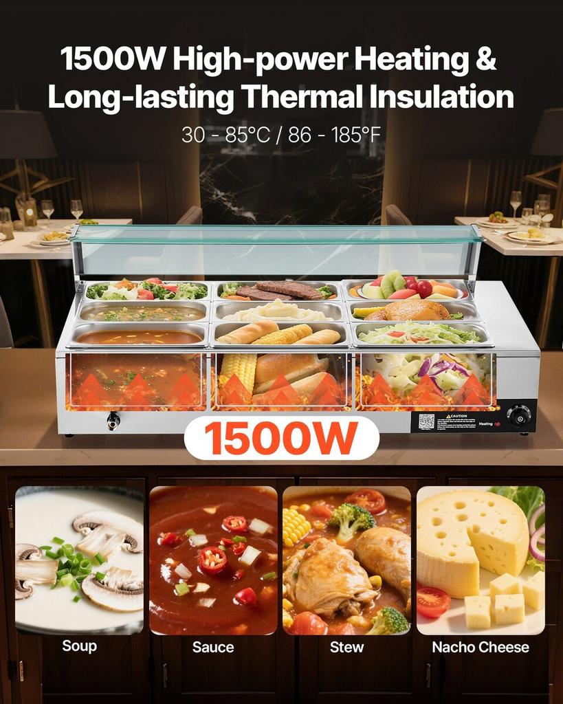 Commercial Food Warmer, 1500W Electric Stainless Steel Steam Food Warmer with Glass Cover, 9-Pan Countertop Buffet Bain Marie with Soup & Perforated