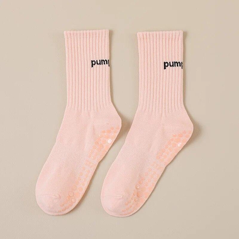 New Solid Color Letter Printed Cotton Mid-calf Non-slip Sports Socks Women Indoor Dance Gymnastic Fitness Yoga Pilates Socks