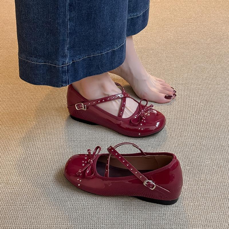 Fashion 2025 Spring Autumn Round Toe Bow Leather MaryJane Flats New Fashion Cross Strap Shoes Shallow Mouth Solid Color Women's Loafers