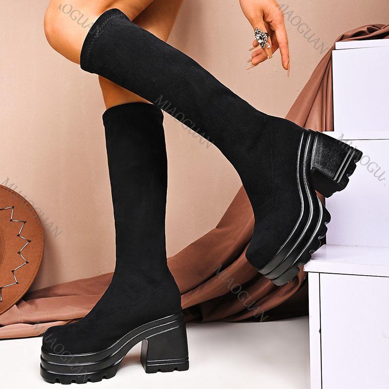Fashion Autumn and Winter Black Long Boots for Women Platform Large Size Round Head Chunky High Heels Bota Feminina Elastic Knight Boots
