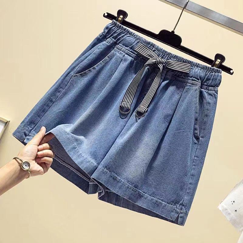 2026 Summer Women's Plus Size Elastic High-Waist Loose Wide-Leg Denim Shorts with Lace-Up