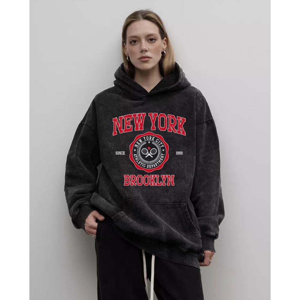 New York Creative Art Letter Prints Dam Tvättad Hoodie Bomull Distressed Hoodie Lös Hoodie Stora Toppar
