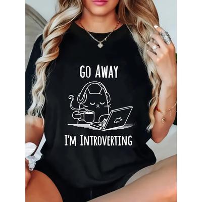 T-shirt Casual da Donna Gatto Nero Con Cuffie e Laptop Vattene Sto Introvertendo Stampa Top Per Rilassamento a Casa e Uso Quotidiano