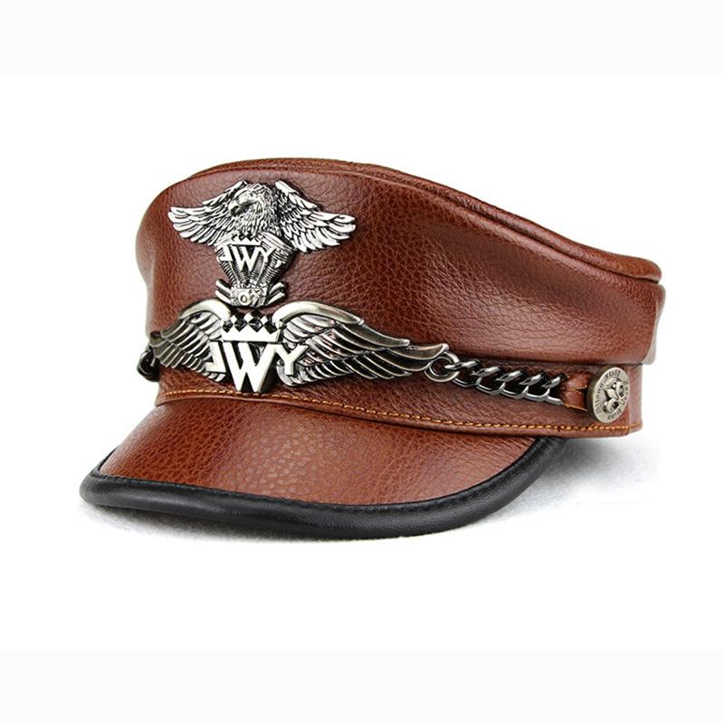 Exclusive Real Cowhide Military Cap Man Genuine Leather Flat Top Hat Fashion Eaglemark Chain Punk Locomotive Casquette Male