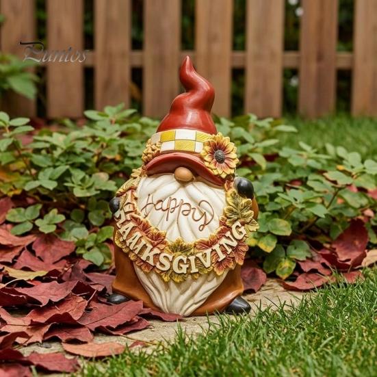 Waterproof Gnome Ornament Happy Thanksgiving Figurine, Sunflower Maple Leaf Statue, Cartoon Statue Dwarf Sculpture for Harvest Autumn Table