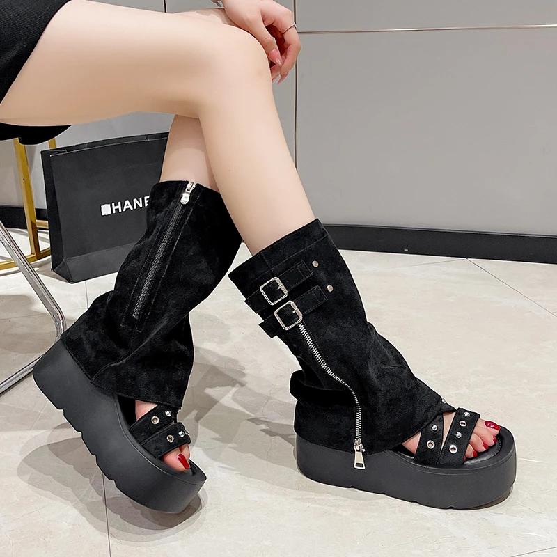 Fashion 9CM Women Platform Motorcycle Boots Wedges Heels Mid Calf Boots Woman Summer ZIP Detachable Chunky Sneakers Gothic Botas Mujer