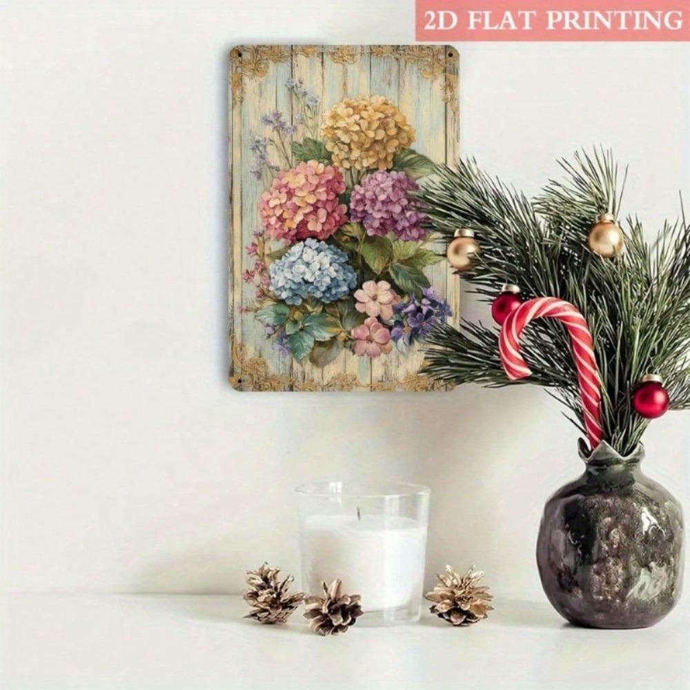 1pc Retro Metal Tin Sign, Vibrant Hydrangea Bouquet with Golden Accents, Vintage Floral Art, Rustic Farmhouse Wall Decor, 2D Flat