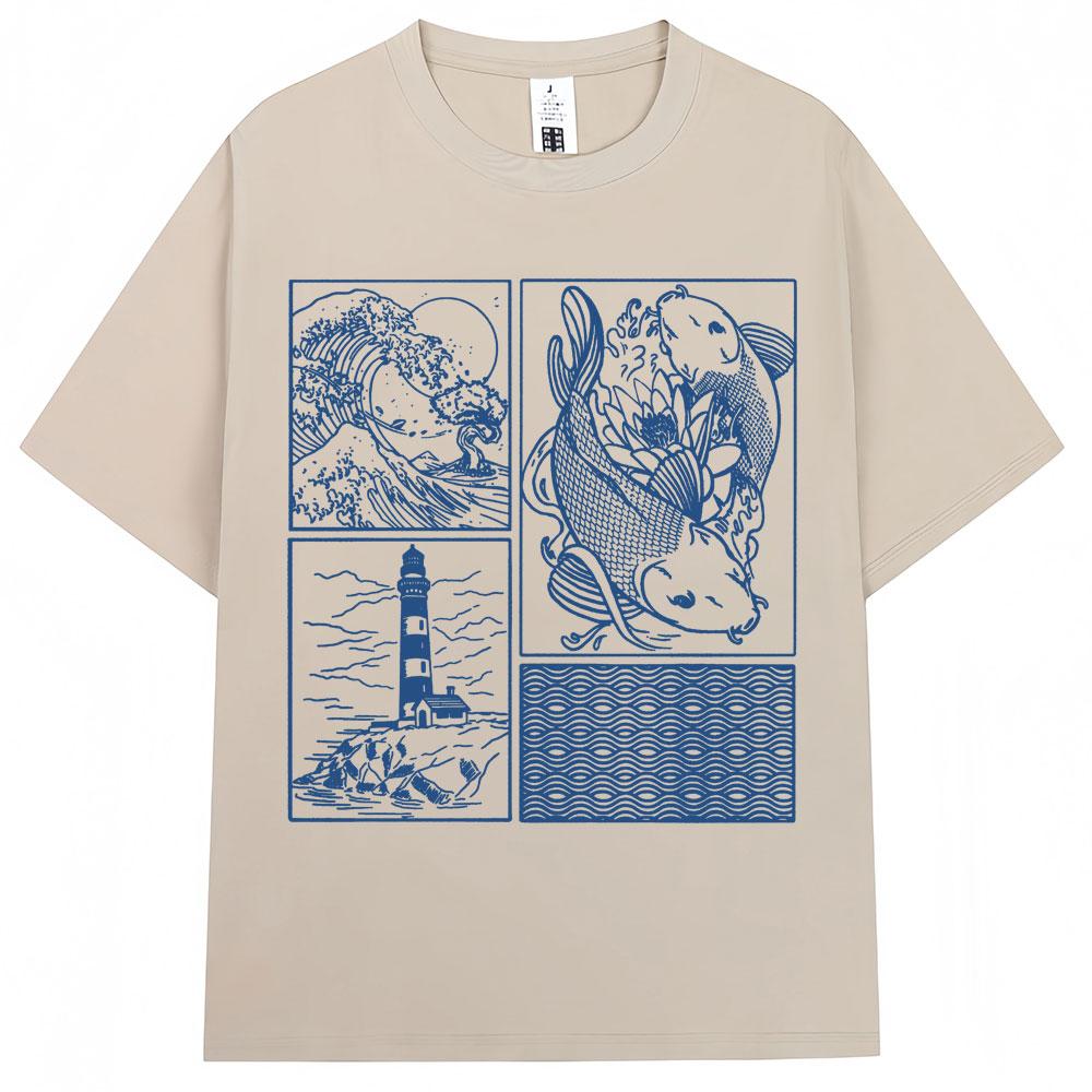 Japoński Styl Fala Hokkaido Vintage Koszulka Mężczyźni Kobiety Harajuku Moda Wysokiej Jakości Koszulki Oversize Bawełniane Letnia Koszulka