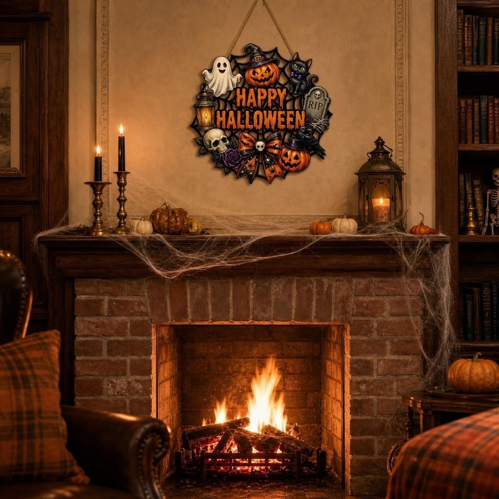 Wooden Halloween Hanging Sign with Spider Web Pumpkin Ghost Cat Skull and Bow for Indoor Outdoor Party Wall Decoration