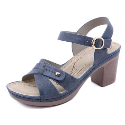 New Summer European And American Metal Buckles Thick Heels Comfortable Large-Size Women's Sandals Elegant And Fashionable