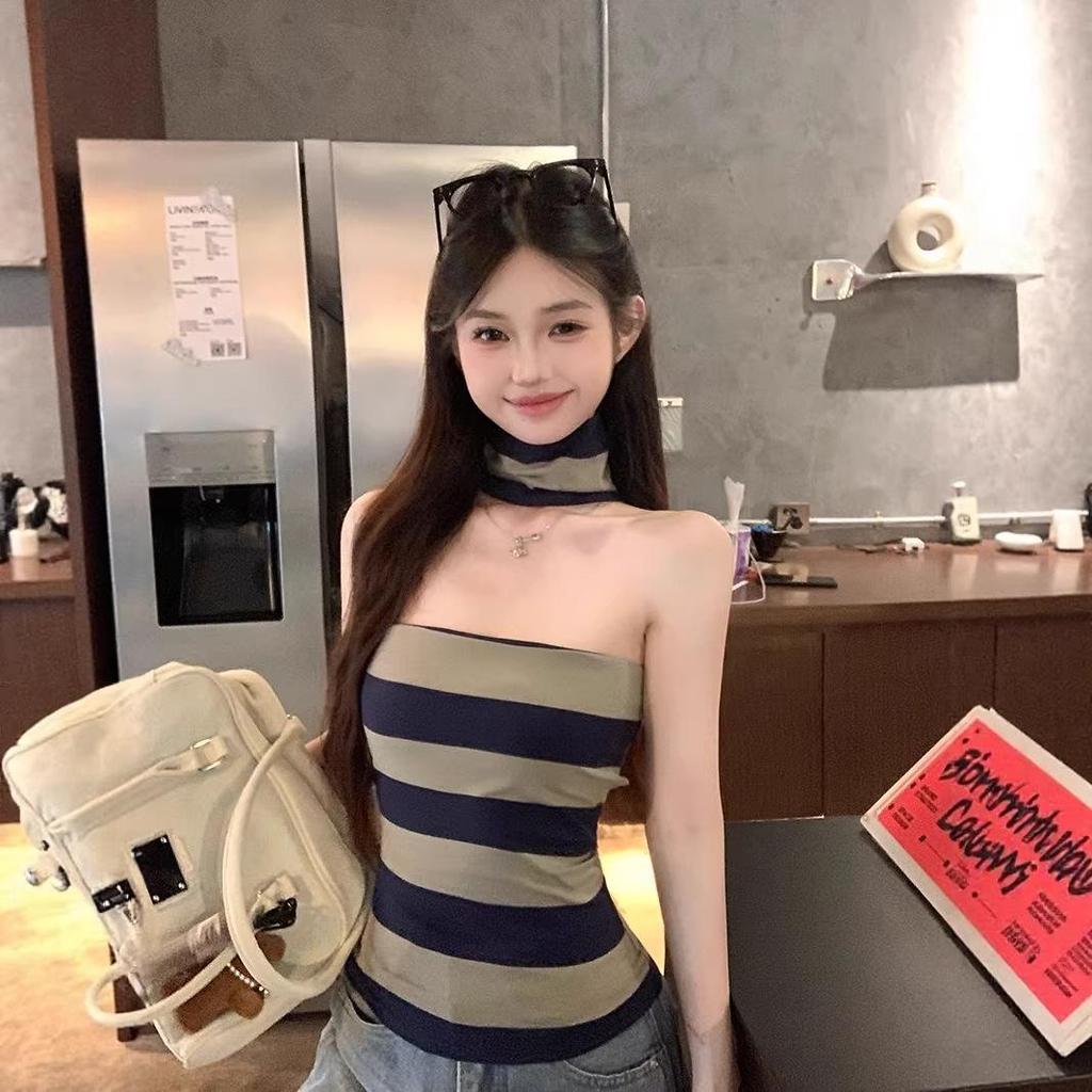 Damen Amerikanisches Color Block Gestreiftes Neckholder Crop Top - Sommer Schlankmachendes Bandeau Design, Neu eingetroffen.