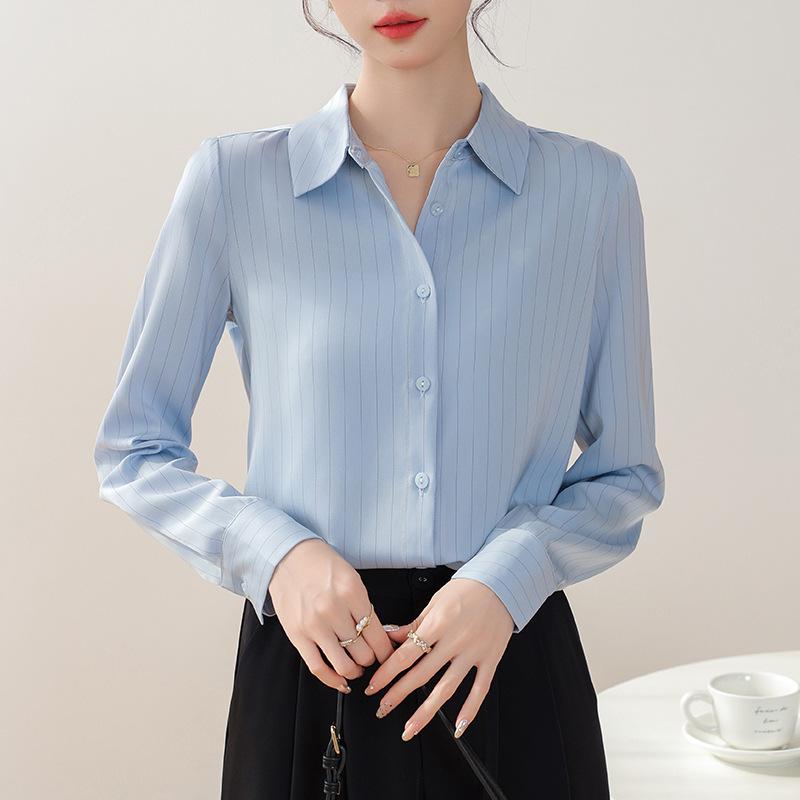 

2025 Elegant Striped Women s Long-Sleeve Shirt: Mature Niche Design Extra Large светло-синий