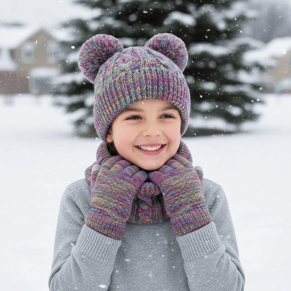 Thickened Toddler Knitted Hats Warm Ears Kids Hat Set Soft Baby Hat Scarf Gloves Set  Boys