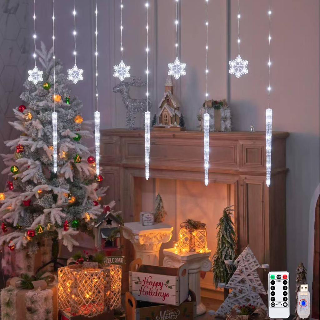 Christmas Fairy Curtain Lights 9.8ft Snowflake Ice Pick Light USB Remote Indoor Decorations Twinkle Lamp for Bedroom Xmas Window