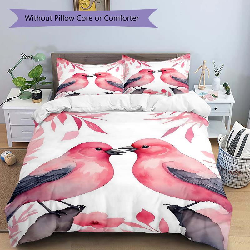 3pcs Two Pink Birds in Love Bedding Set, Including 1 Quilt Cover and 2 Pillow Shams, Without Filling, Soft and Comfortable Home Bedroom Fabric