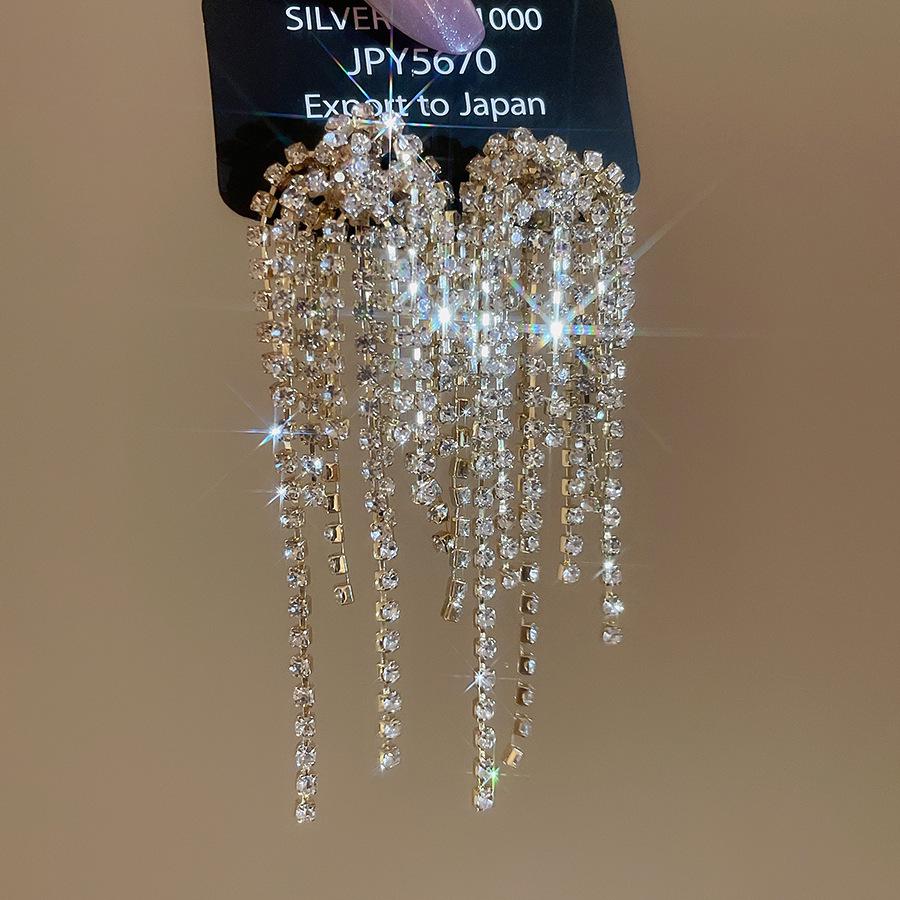 Silver Needle Rhinestone Firework Tassel Stud Earrings - Elegant and Fashionable Ear Ornaments for Women