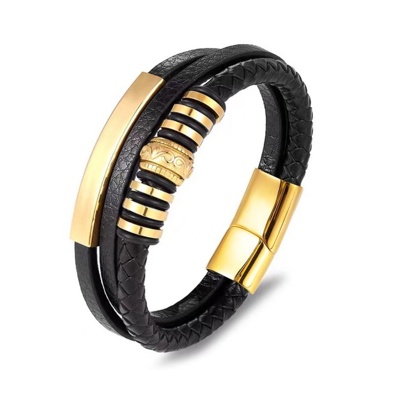 Mens Geometric Stainless Steel Pendant Leather Braided Bracelet Adjustable Wristband Cycling Outdoor Adventure