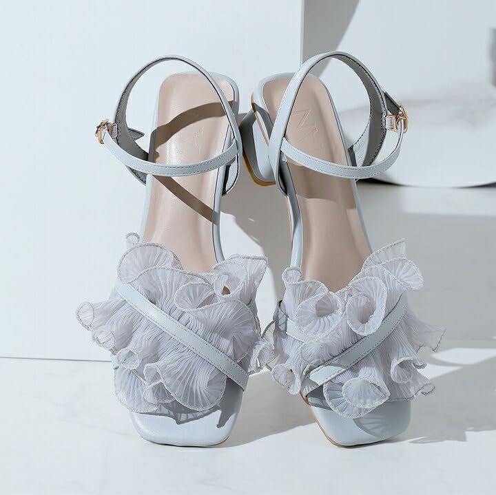 Vivian Ankle Strap Ruffled Tulle Sheer Sandals with 4cm Chunky Size S V33100SM Women's Heel, Black, (22.0-22.5cm),