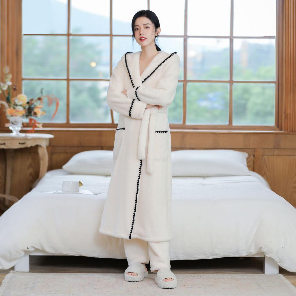 Plush Coral Fleece Sleepwear Two Piece Set Winter Thick Long Robe Pajamas Hooded Bathrobe Nightgown Loose White Flannel Homewear