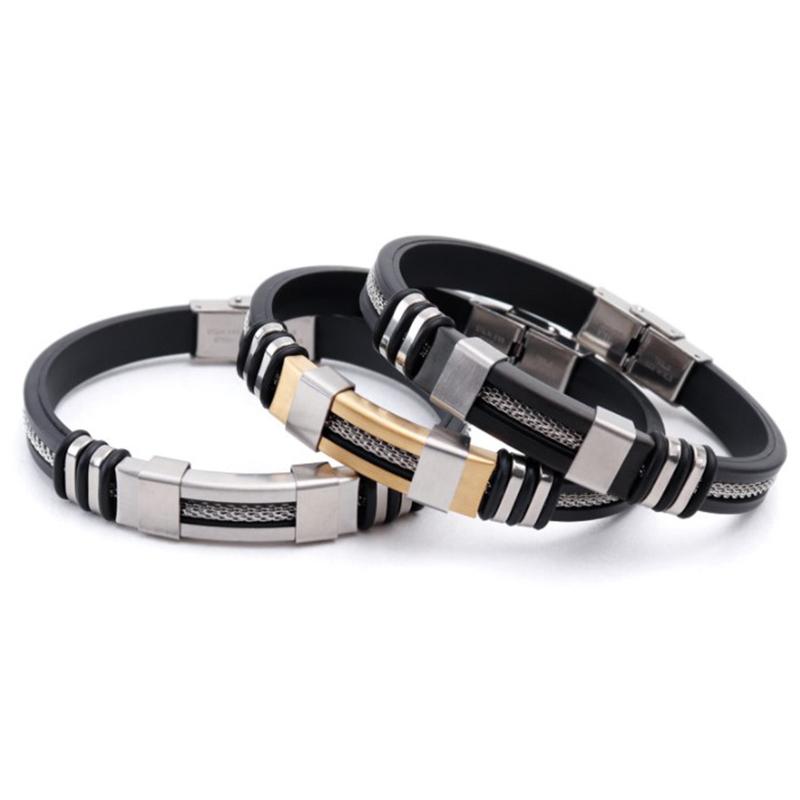 Man Bracelets Stainless Steel Casual Adjustable Bracelet For Men Waterproof Silicone Bangles Black Wristband Punk Trendy Jewelry