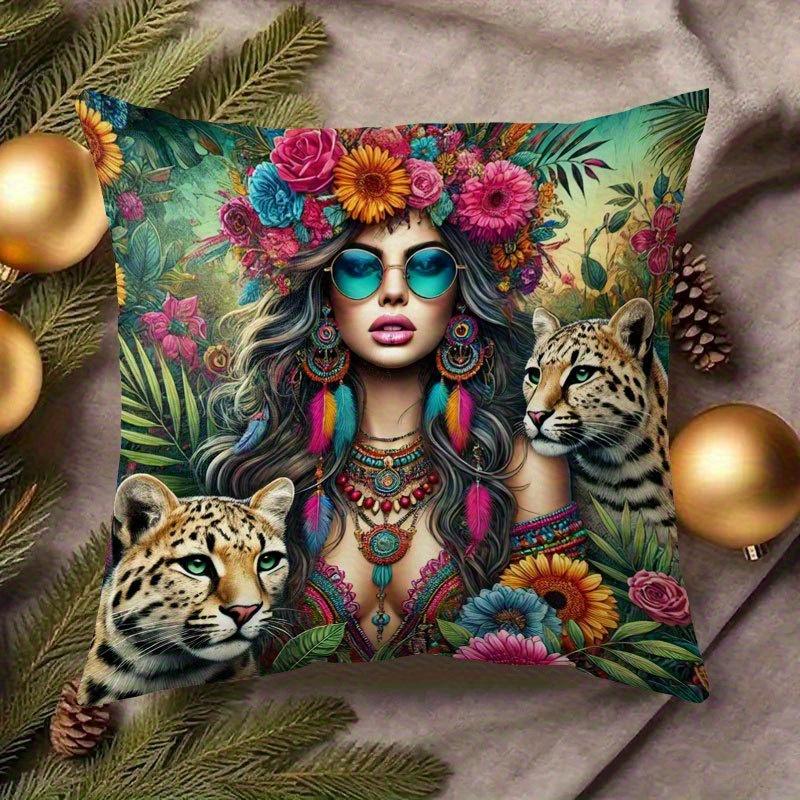 pc D Flat Pillow Not Included Boho Woman Leopard Floral Crown Cushion Cover Short Plush Exotic Art Decor Gift Case
