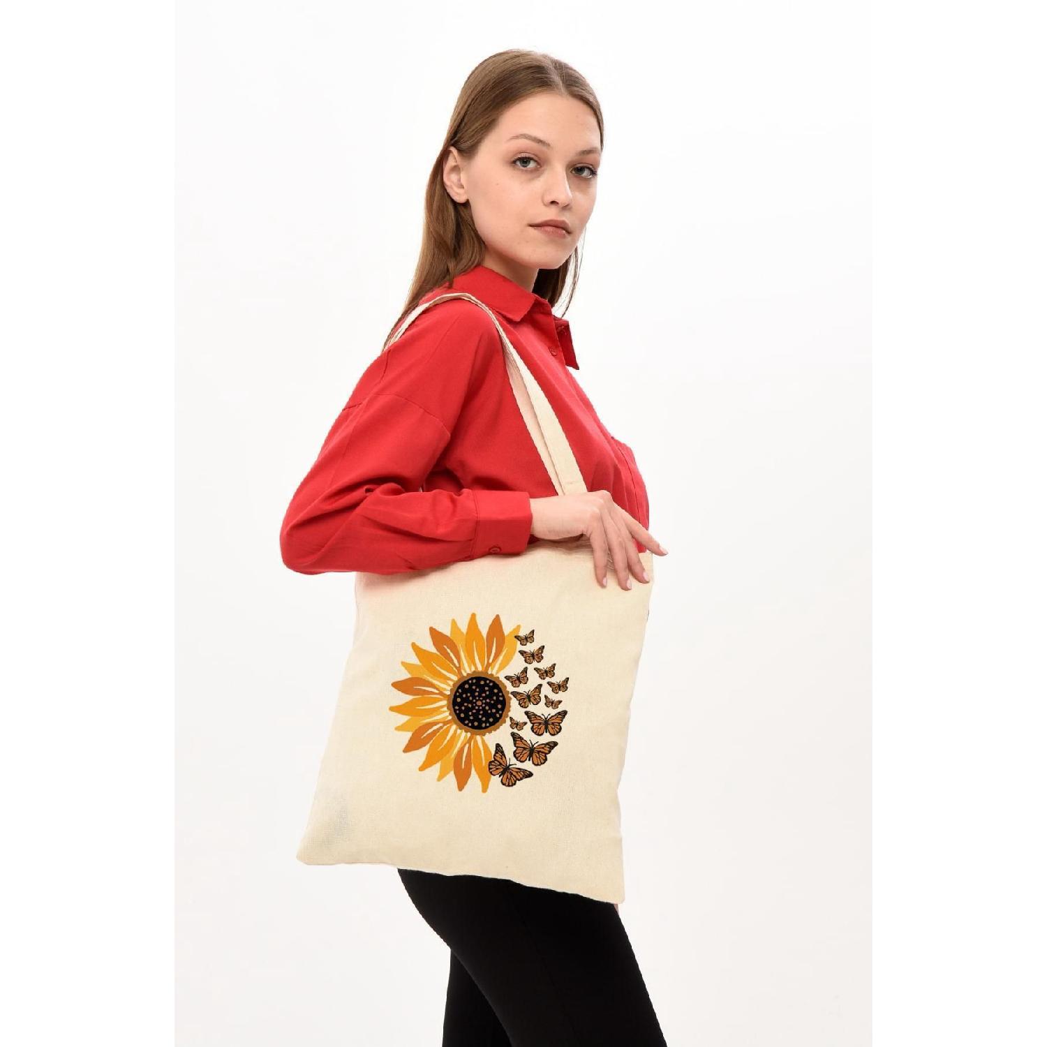 

Daisy And Butterflies Printed Raw Cloth Bag бежевий