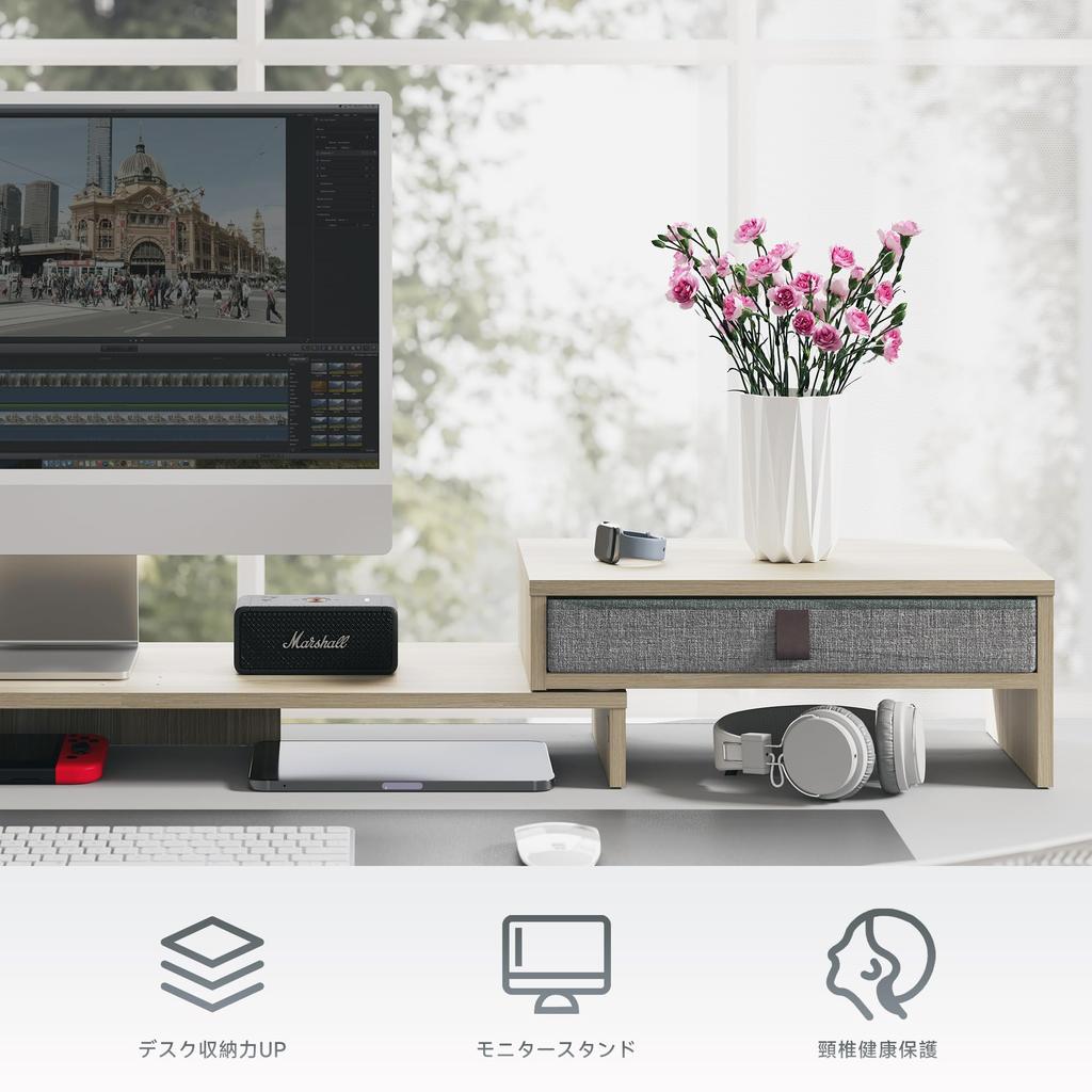 Fenge Monitor Desktop Computer Monitor Width Wooden Top PC Stand Computer Monitor Stand Desktop Laptop PC Monitor Computer Drawer Storage Oak