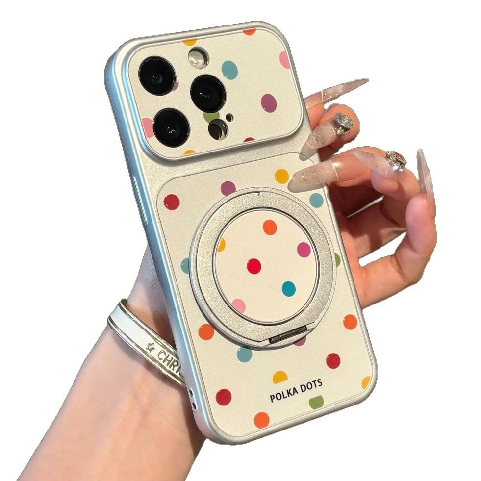 Full screen color polka dot rotating bracket is suitable for Apple iPhone16/17 mobile phone case 15 large windows 14/13 sets