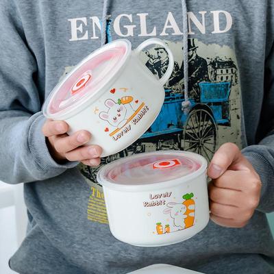 Colorful Ceramic Cartoon Noodle Bowl with Lid & Handle - Microwave-Safe for Dorm or Home