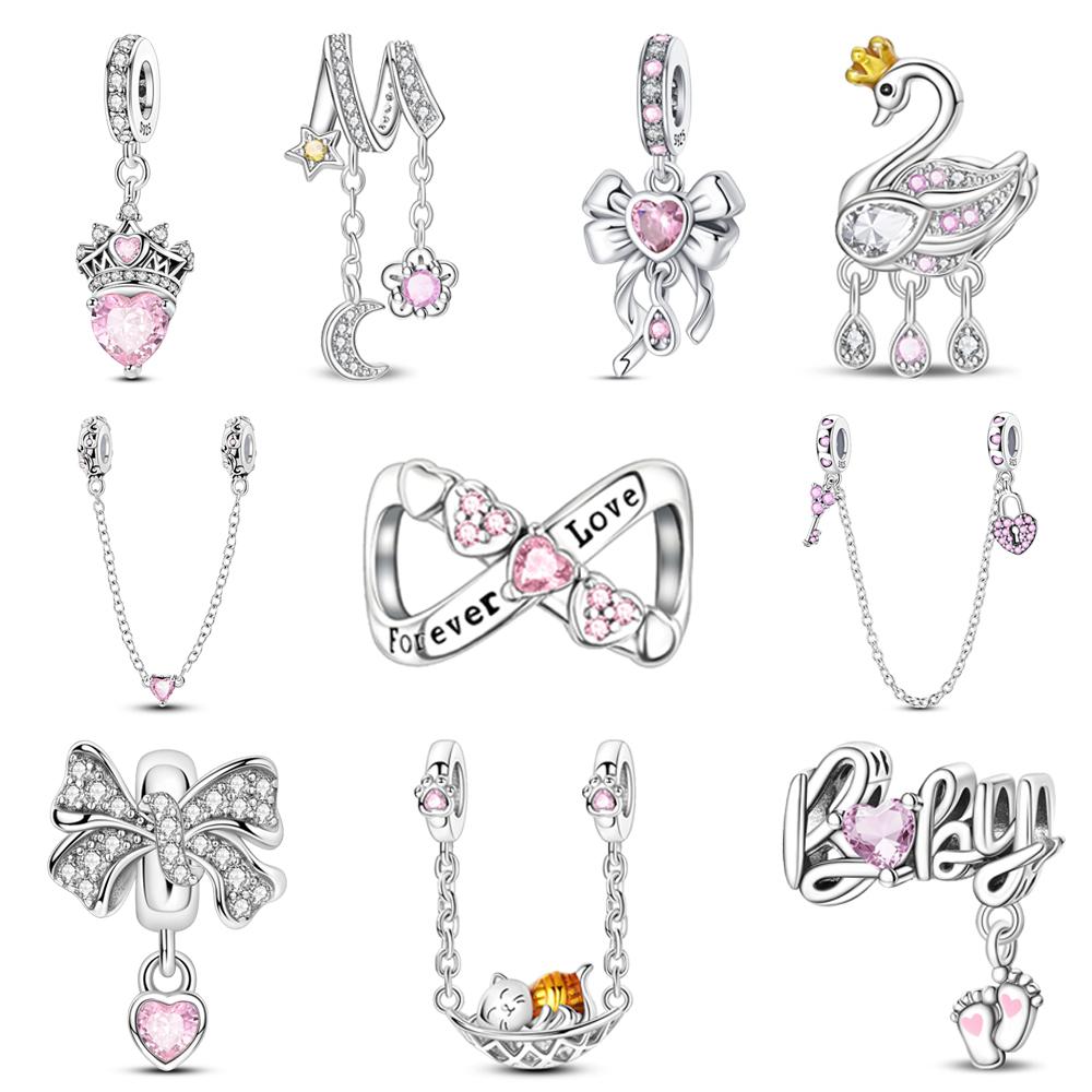 Pink Heart Shape Copper Sparkling Swan Beads & Crown Dangle Charm Fits Bracelet Women'S Exquisite Jewelry Gifts