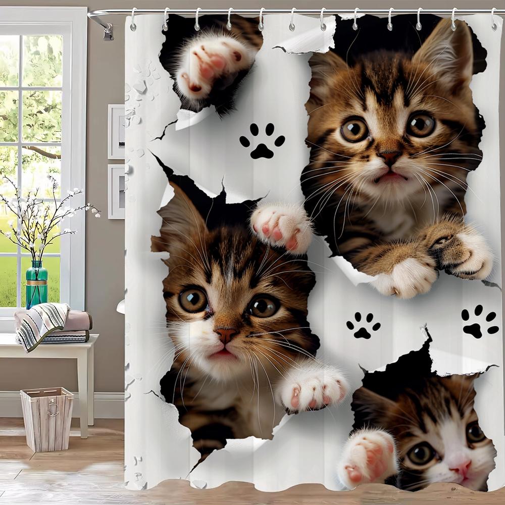 1pc Creative and Interesting Cat with Holes Shower Curtain Bathroom Curtains With Hooks,Printed Curtain Home Decoration Curtain