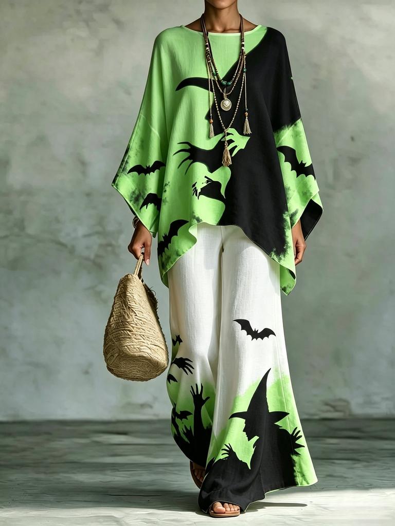 Plus Size Women's Casual Halloween Witch Print Bat Sleeve Irregular Hem Blouse and Wide Leg Pants
